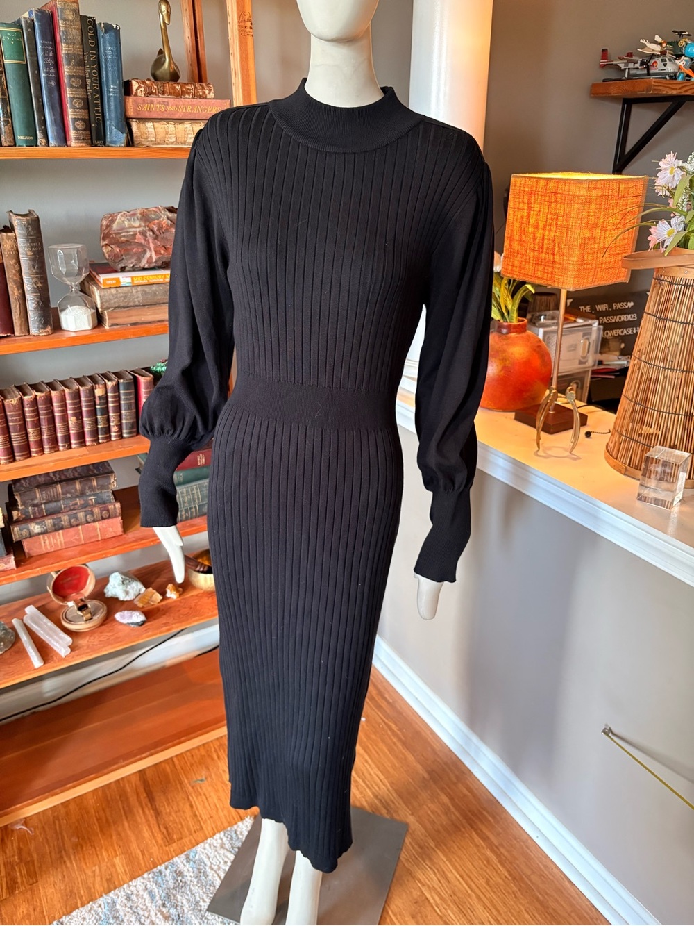 Nanette Lepore Black Ribbed Knit Long Sleeve Midi Dress